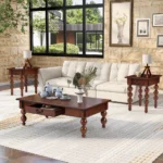 Goldoma narrow sofa side table with drawer in walnut finish, solid wood construction, placed beside a couch in a small living room