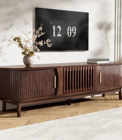 Goldoma Mid-Century Wood TV Stand for 75 inch TVs with adjustable storage cabinets and tapered legs in natural walnut finish