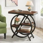 Narrow side table with three tiers of storage, industrial metal and MDF design by Goldoma for small spaces
