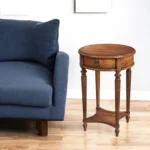 HMS 26" Brown Distressed Wood Round End Table with Drawer and Shelf for Living Room Furniture