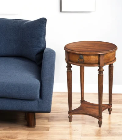 Goldoma rustic end table with drawer and shelf in distressed brown wood