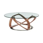 Goldoma 39 inch round clear glass coffee table with brown solid wood base in a modern living room