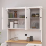 Modern pantry cabinet 71 inch with solid wood panel microwave countertop and six doors in white finish for kitchen storage organization