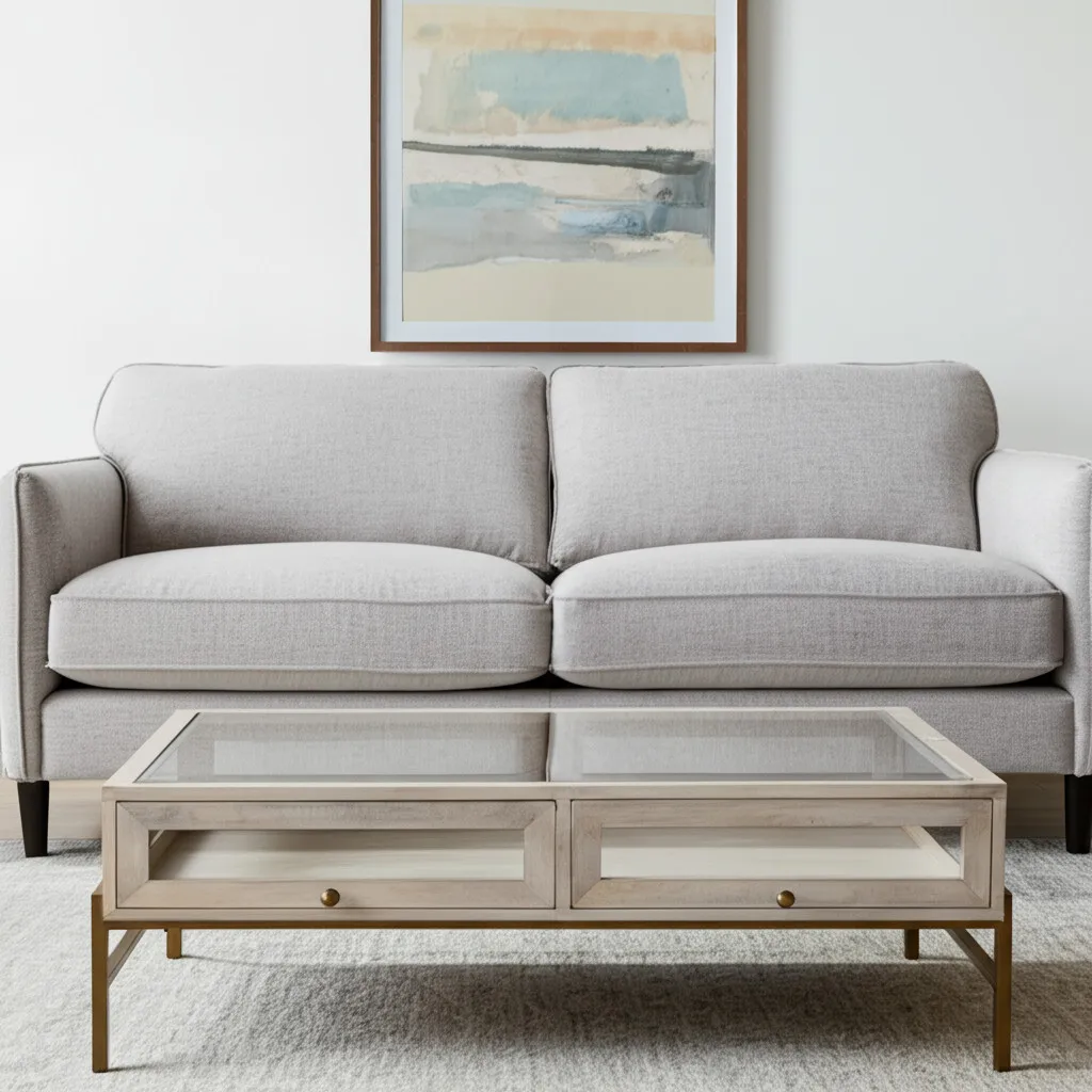 H0c12e50598604126bfdb799179df2028g.webp Goldoma 44 inch off-white glass top shadowbox coffee table with two drawers and gold legs in living room