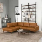 Goldoma modern left-facing sectional sofa bed in tan PU leather with sleeper function