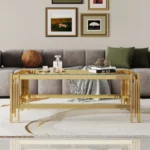 Goldoma double layer tempered glass coffee table with gold stainless steel frame in modern living room
