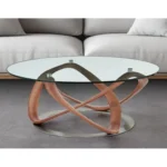 Goldoma 39 inch round clear glass coffee table with brown solid wood base in a modern living room