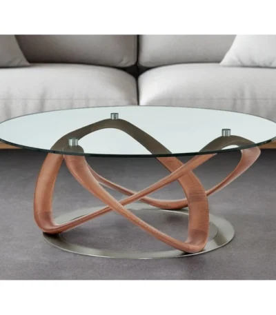 Goldoma 39 inch round clear glass coffee table with brown solid wood base in a modern living room