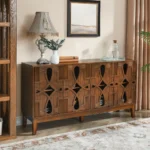 Goldoma solid wood sideboard cabinet – mid century modern 4 door buffet TV media console in natural wood finish