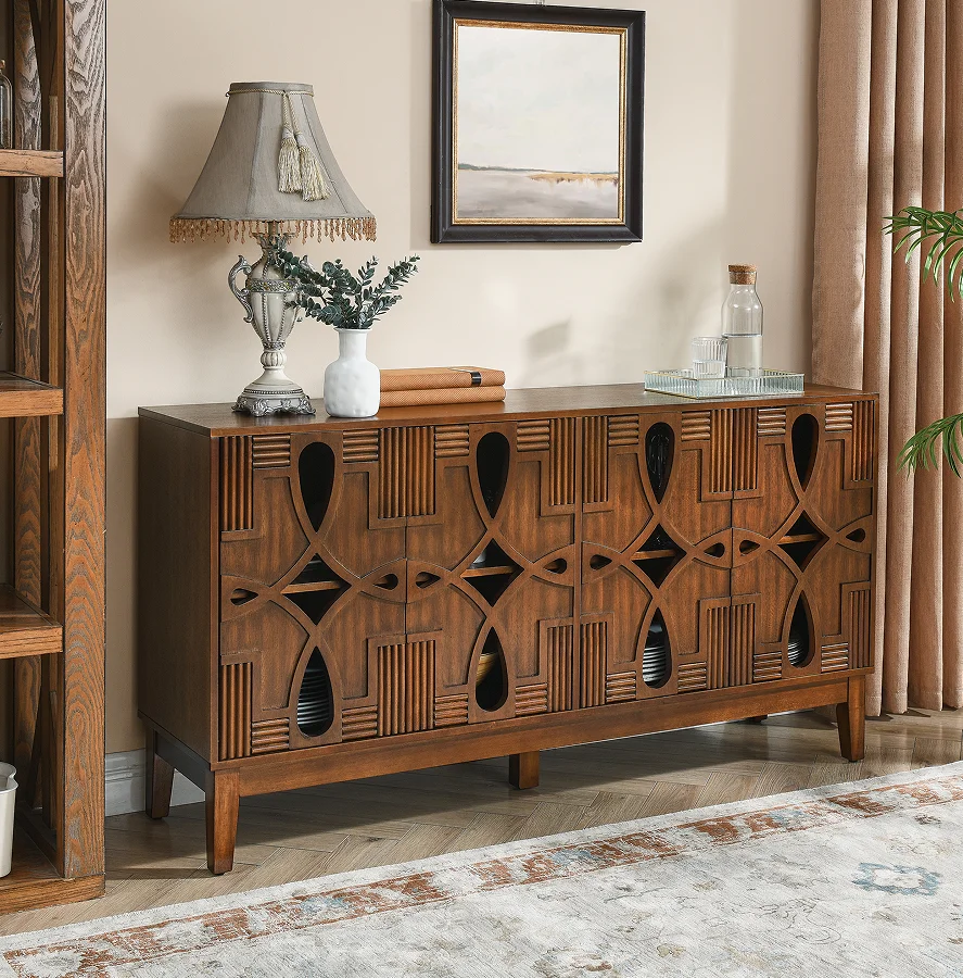 Goldoma Mid Century Modern Solid Wood Sideboard Buffet Cabinet with 4 Doors – TV Media Console Storage