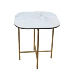 Goldoma white and gold end table with ceramic faux marble top and gold metal base in a modern living room setting