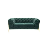 Goldoma 74-inch emerald velvet tufted Chesterfield loveseat with gold legs in a living room setting