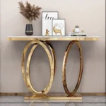 Modern marble console table with stainless steel frame in entryway