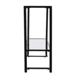 Goldoma 52 inch contemporary sled console table with clear glass top and black mirrored shelves in an entryway