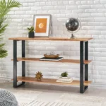 Goldoma modern console table with 3 shelves in a living room, eco-friendly solid wood design
