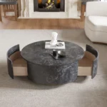 Modern round coffee table with drawer featuring marble pattern finish and solid wood legs - Goldoma