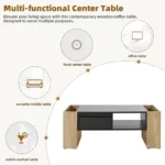 Goldoma high gloss coffee table with drawers and hidden compartment in black and wood grain finish for modern living room