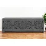 86-inch dark gray carved floral distressed solid wood TV stand with storage and cable management