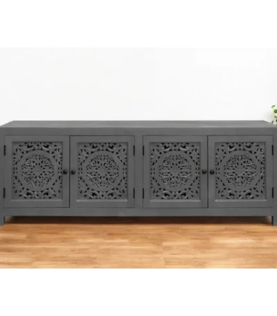 86-inch dark gray carved floral distressed solid wood TV stand with storage and cable management