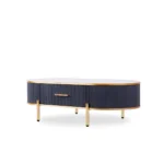 White and gold oval coffee table with drawer and stone top in modern living room