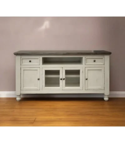 Goldoma 79 inch solid wood distressed ivory TV stand with open shelving and cable management for living room