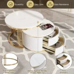 White round nesting coffee table with drawer by Goldoma, featuring a two-piece set for space-saving living room furniture