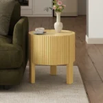 Goldoma fluted side table with storage - solid wood round side table with adjustable height and soft-close door in living room