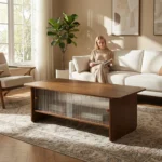 Goldoma 47-inch modern minimalist coffee table with storage cabinet and glass sliding doors in a living room setting
