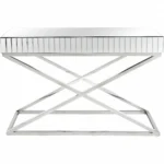Goldoma 47 inch silver mirrored glass console table with chrome X-base in a modern living room entryway