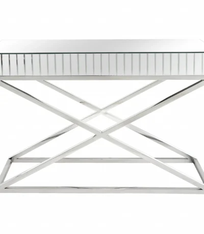 Goldoma 47 inch silver mirrored glass console table with chrome X-base in a modern living room entryway