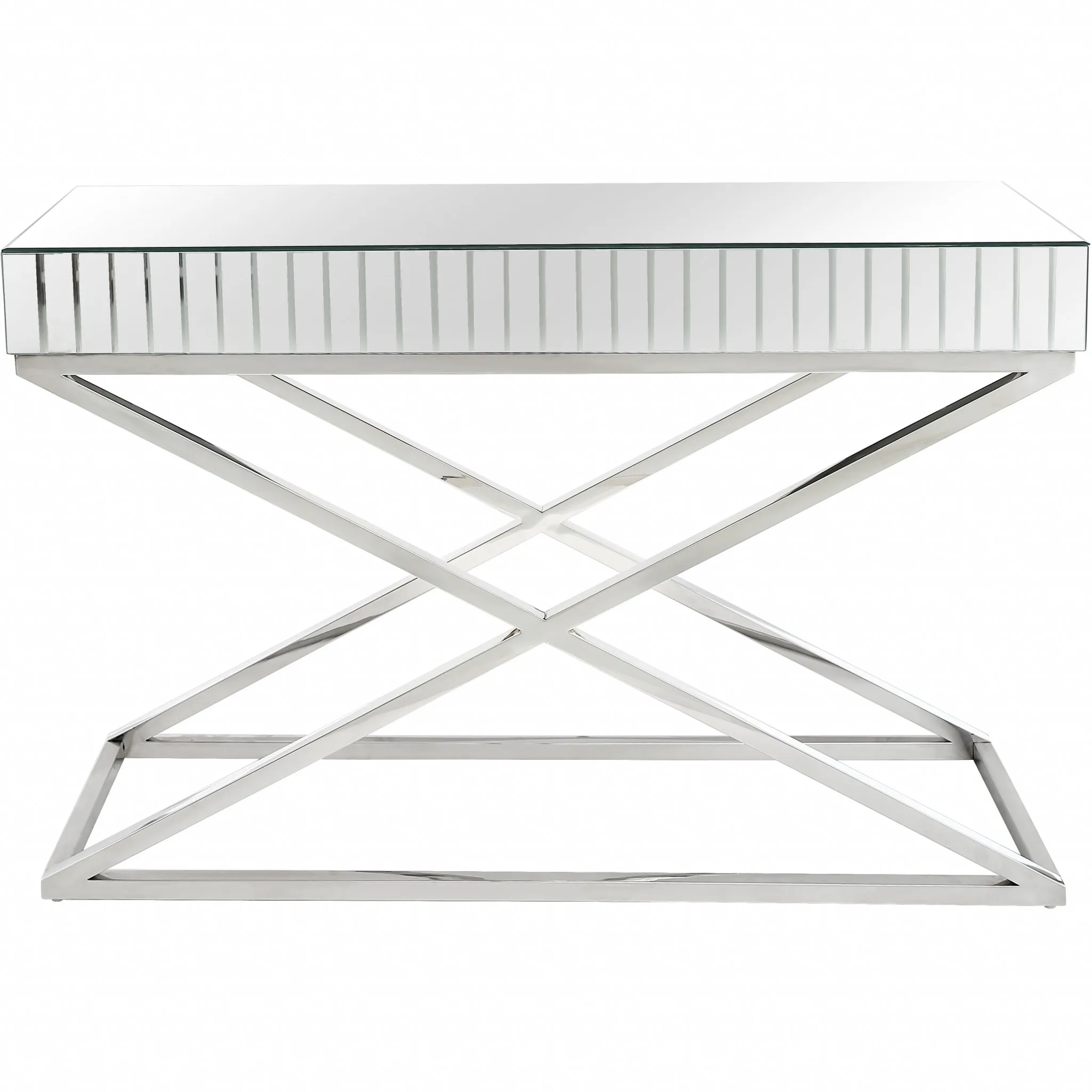 H10459b1f5d124c3eaa2076ff9cc7bab3y.webp Goldoma 47 inch silver mirrored glass console table with chrome X-base in a modern living room entryway