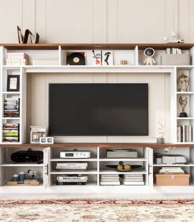 Goldoma 95.5-inch modern wall unit entertainment center with bookshelves for TVs up to 80 inches in white MDF and glass