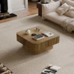 Goldoma modern square coffee table with storage in a living room, featuring a wood top and hidden compartment