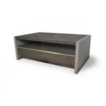 Goldoma 47-inch brown solid wood and dark gray concrete coffee table with drawer and shelf in a modern living room