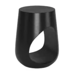 Goldoma black solid wood round end table with geometric cutout in a modern living room