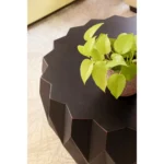Goldoma solid wood coffee table in black with distressed drum shape and 29-inch round top