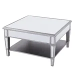Goldoma 29 inch silver mirrored square coffee table with shelf and drawers in a modern living room