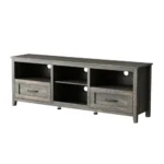 70-inch TV stand with black pine finish, featuring four open compartments and two drawers for media storage