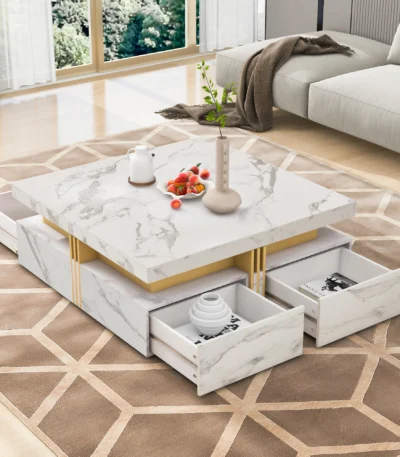 White marble coffee table with 4 drawers and nesting design in modern living room