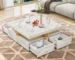 Goldoma Square Marble Coffee Table with 4 Drawers – Modern Nesting Storage Table