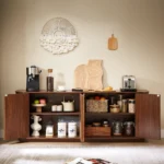 Modern TV stand with wave pattern design and adjustable shelves for TVs up to 64 inches, shown in natural wood finish