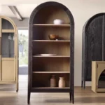 Goldoma traditional solid wood arched bookcase and wine cabinet with antique finish, wall-mounted, featuring spacious shelves and wine storage