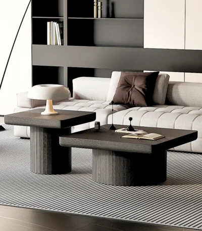 Modern nesting coffee table set with fluted pedestal design in eco-friendly wood for living room