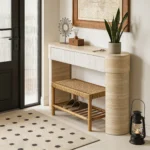 Modern solid oak console table with hidden drawers in an entryway