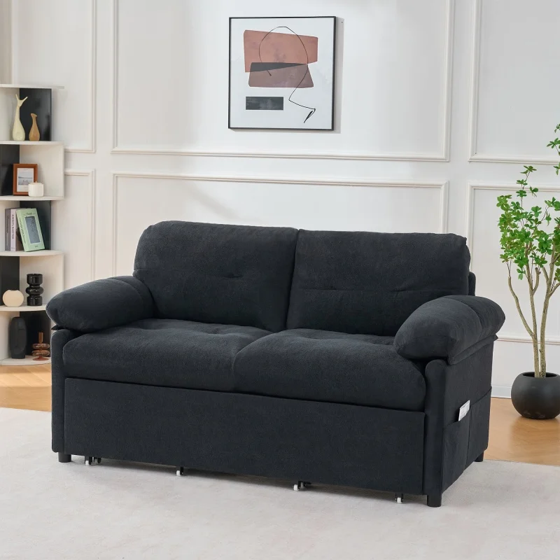 H130765c75e2d4bc9abc18027ea23fb45T.webp Goldoma convertible queen sleeper sofa in chenille upholstery with side storage pocket and casters