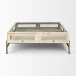 Goldoma 44 inch off-white glass top shadowbox coffee table with two drawers and gold legs in living room