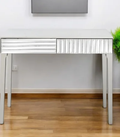 Goldoma 40 inch silver mirrored glass console table with two drawers and antique silver finish, modern entryway table