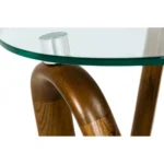 Goldoma 20-inch walnut round end table with clear glass ribbon base in living room