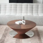 Goldoma modern oval coffee table with marbling wood top and stainless steel base in living room