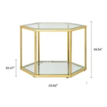 Modern hexagonal glass coffee table with stainless steel frame in a living room setting